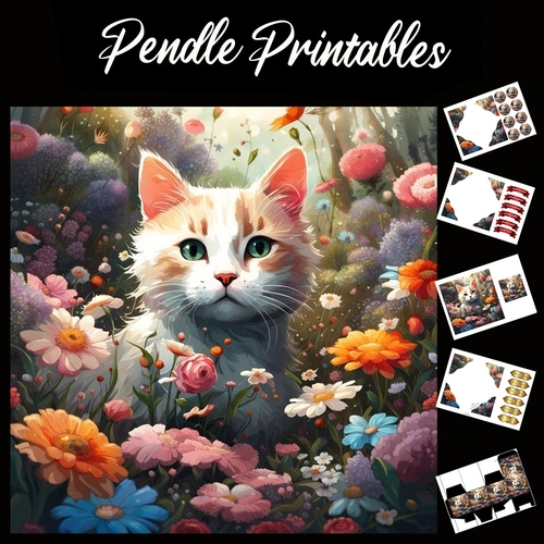 Hiding In The Flowers. Cat Card 7x7 Card Kit. Matching Box, Gift Bauble,Tag