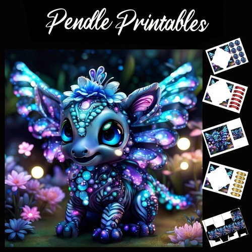 Sparkling Cute Baby Dragon 7x7 Card Kit. Matching Box, Gift Bauble,Tag