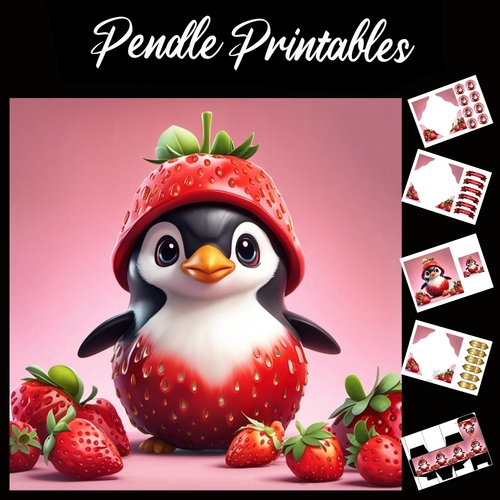 Cute Strawberry Penguin 7x7 Card Kit. Matching Box, Gift Bauble,Tag