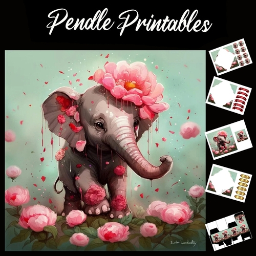 Ellie The Pink Flowers Elephant 7x7 Card Kit. Matching Box, Gift Bauble,Tag