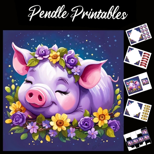 Violet The Cute Sleepy Purple Pig 7x7 Card Kit. Matching Box, Gift Bauble,Tag