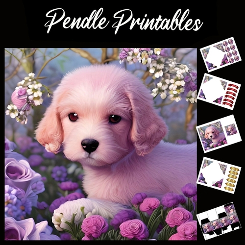 Candyfloss Pink Puppy 7x7 Card Kit. Matching Box, Gift Bauble,Tag