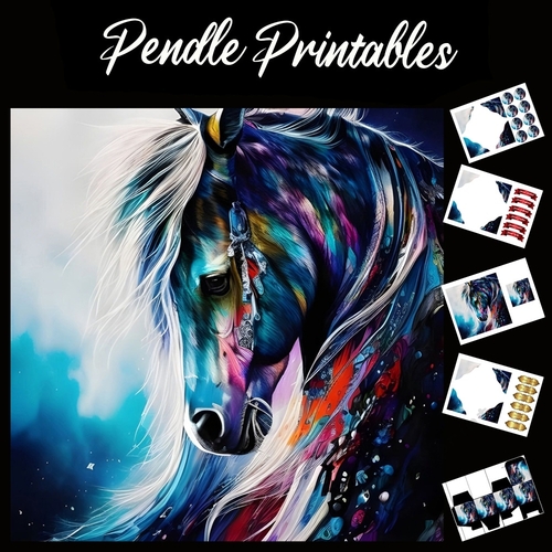 Stunning Colourful Horse 7x7 Card Kit. Matching Box, Gift Bauble,Tag