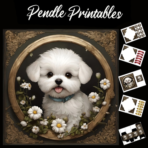 Cute Puppy With Flowers In Frame 7x7 Card Kit. Matching Box, Gift Bauble,Tag