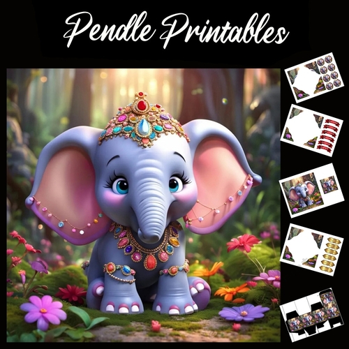 Cute Purple Jewelled Elephant 7x7 Card Kit. Matching Box, Gift Bauble,Tag
