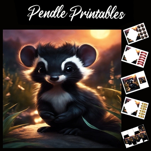 The Cute Sunset Skunk 7x7 Card Kit. Matching Box, Gift Bauble,Tag