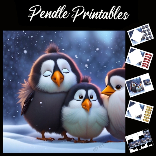 The Oddfellow Penguins 7x7 Card Kit. Matching Box, Gift Bauble,Tag