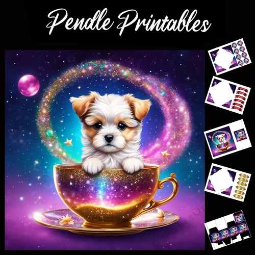 Party Time Teacup Puppy 7x7 Card Kit. Matching Box, Gift Bauble,Tag