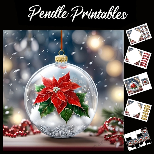 Stunning Enamel Poinsetta In A Glass Bauble 7x7 Card Kit. Matching Box, Gift Bauble,Tag