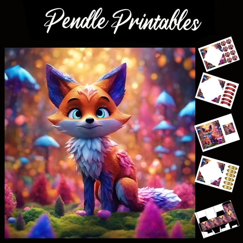 Magical Forest Fox 7x7 Card Kit. Matching Box, Gift Bauble,Tag