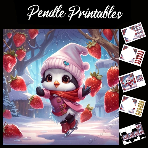 Magical Snowboarding Strawberry Penguin 7x7 Card Kit. Matching Box, Gift Bauble,Tag