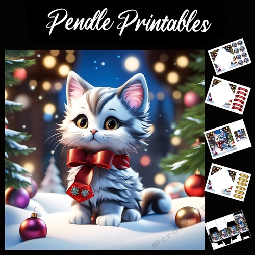 Wheres Santa? Cute Kitten Card 7x7 Card Kit. Matching Box, Gift Bauble,Tag