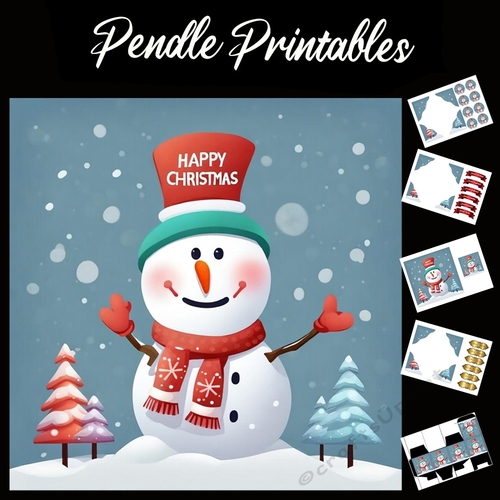 Happy Christmas Hat Snowman 7x7 Card Kit. Matching Box, Gift Bauble,Tag