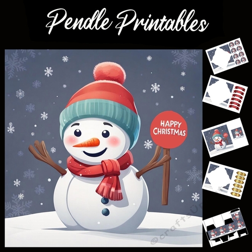 Happy Christmas Sign Snowman 7x7 Card Kit. Matching Box, Gift Bauble,Tag
