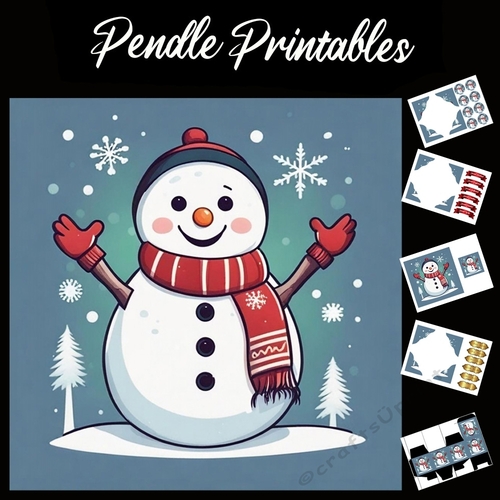 Retro Style Happy Snowman 7x7 Card Kit. Matching Box, Gift Bauble,Tag
