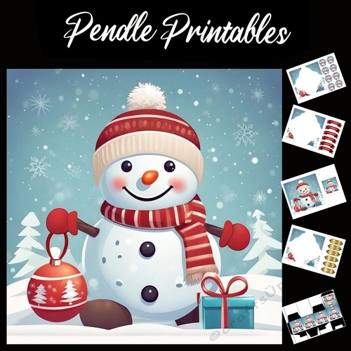 Retro Style Swinging His Bauble Snowman 7x7 Card Kit. Matching Box, Gift Bauble,Tag