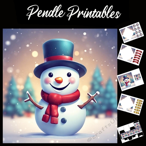 Retro Style Blushing Snowman 7x7 Card Kit. Matching Box, Gift Bauble,Tag