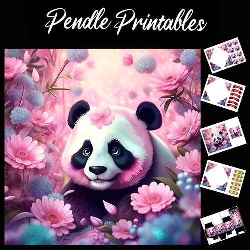 Pink Flower Blossom Panda 7x7 Card Kit. Matching Box, Gift Bauble,Tag