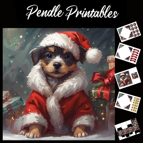 Call Me Santa Paws. Cute Puppy Card 7x7 Card Kit. Matching Box, Gift Bauble,Tag