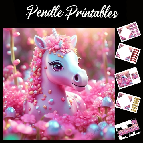 Pink Jelly Bean Unicorn 7x7 Card Kit. Matching Box, Gift Bauble,Tag