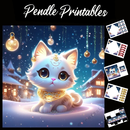 The Cute Christmas Kitten 7x7 Card Kit. Matching Box, Gift Bauble,Tag