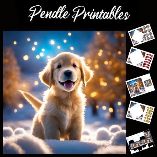 The Cute Christmas Snow Puppy 7x7 Card Kit. Matching Box, Gift Bauble,Tag