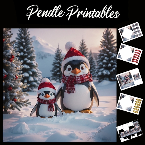 Penguins Christmas Walk 7x7 Card Kit. Matching Box, Gift Bauble,Tag
