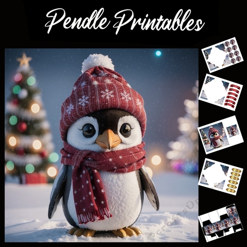 Cute Christmas Penguin 7x7 Card Kit. Matching Box, Gift Bauble,Tag