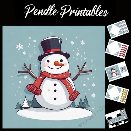 Retro Style Snowman 7x7 Card Kit. Matching Box, Gift Bauble,Tag