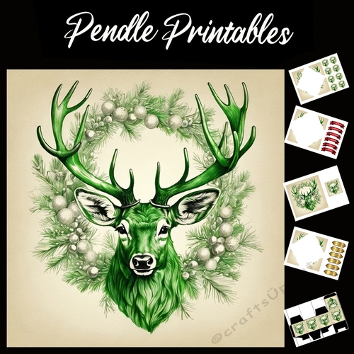 Green Stag 7x7 Card Kit. Matching Box, Gift Bauble,Tag