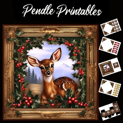 Beautiful Framed Fawn 7x7 Card Kit. Matching Box, Gift Bauble,Tag