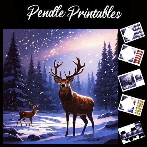 Purple Sky Stags 7x7 Card Kit. Matching Box, Gift Bauble,Tag