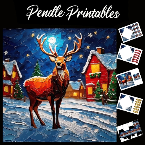 Under The Stars. Painted Stag Scene 7x7 Card Kit. Matching Box, Gift Bauble,Tag