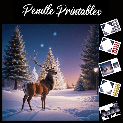 Christmas Tree Walk. Stag Card 7x7 Card Kit. Matching Box, Gift Bauble,Tag