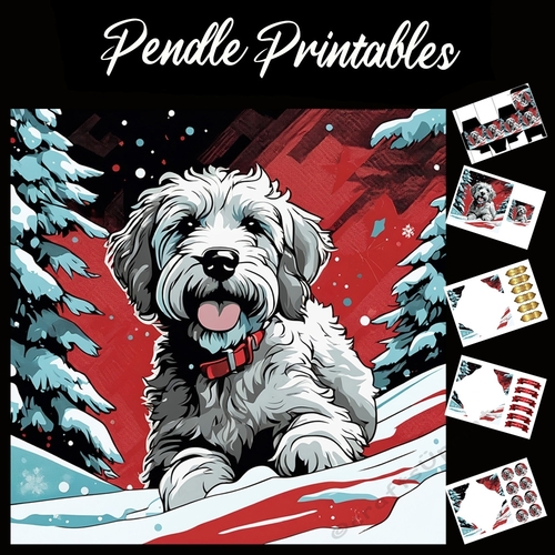 Retro Style Sliding Dog 7x7 Card Kit. Matching Box, Gift Bauble,Tag
