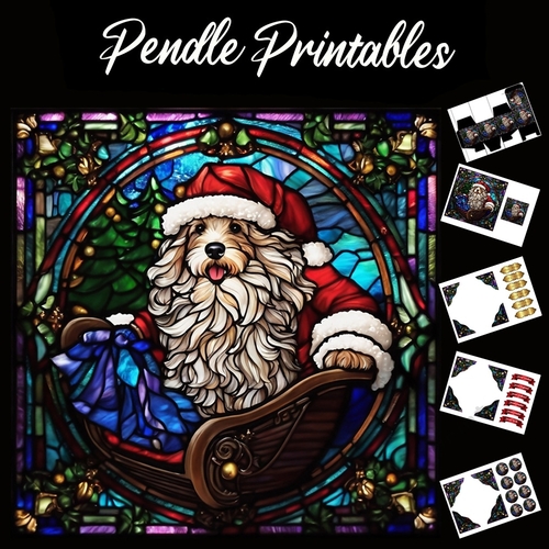 Santa Dog In Sleigh Glass Window 7x7 Card Kit. Matching Box, Gift Bauble,Tag
