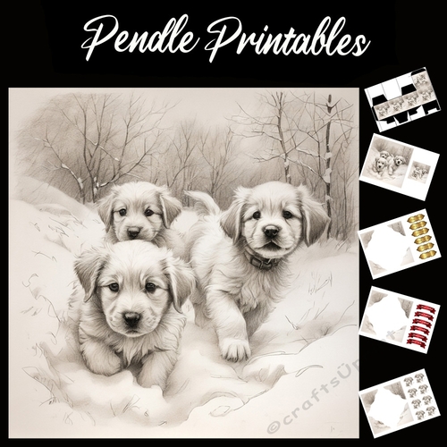 The Three Amigos. Puppy Card 7x7 Card Kit. Matching Box, Gift Bauble,Tag