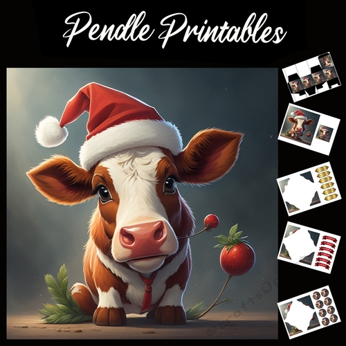 The Cute Christmas Cow 7x7 Card Kit. Matching Box, Gift Bauble,Tag