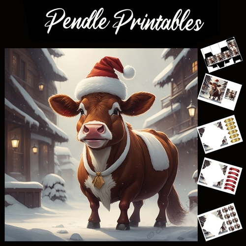 Belle The Christmas Cow 7x7 Card Kit. Matching Box, Gift Bauble,Tag