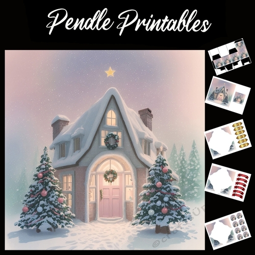 The Quaint Christmas Cottage 7x7 Card Kit. Matching Box, Gift Bauble,Tag