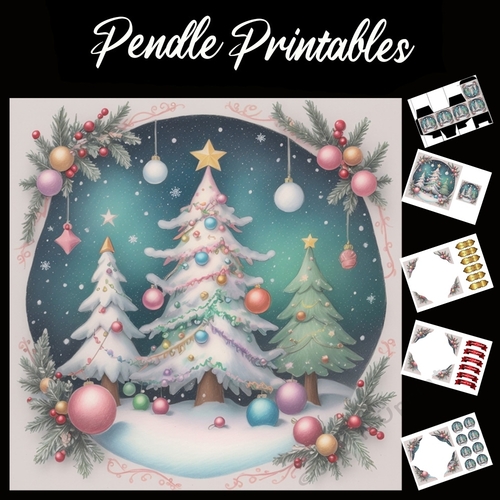 Oh Christmas Trees 7x7 Card Kit. Matching Box, Gift Bauble,Tag