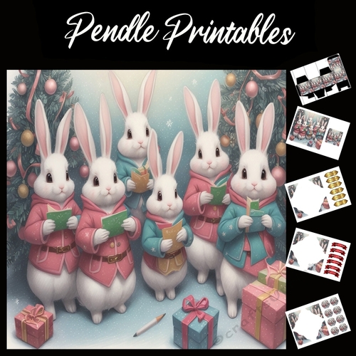 The Rabbit Christmas Carol Singers 7x7 Card Kit. Matching Box, Gift Bauble,Tag