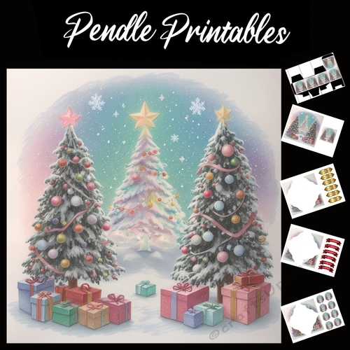 Trio Of Christmas Trees 7x7 Card Kit. Matching Box, Gift Bauble,Tag