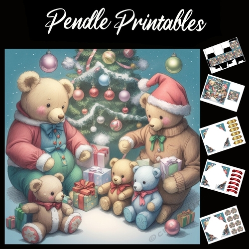 Teddy Bears Christmas 7x7 Card Kit. Matching Box, Gift Bauble,Tag