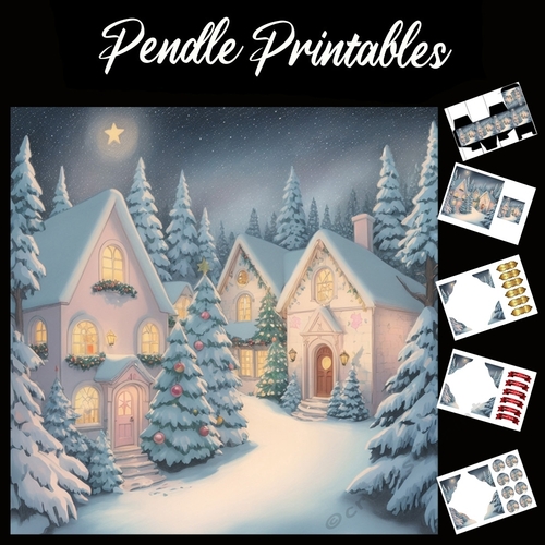 Little Pink Town 7x7 Card Kit. Matching Box, Gift Bauble,Tag