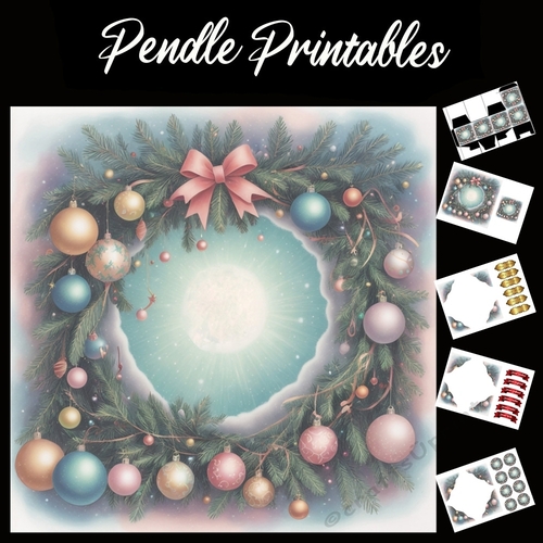 Moon Christmas Wreath 7x7 Card Kit. Matching Box, Gift Bauble, Tag