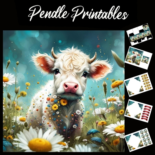 Baby Bulls Flower Fun 7x7 Card Kit. Matching Box, Gift Bauble, Tag