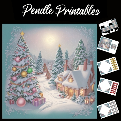 Cute Christmas Scene 7x7 Card Kit. Matching Box, Gift Bauble, Tag