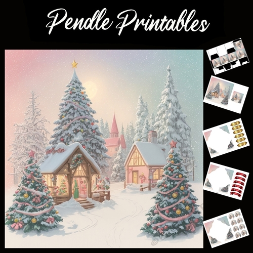 Pretty Village Scene 7x7 Card Kit. Matching Box, Gift Bauble, Tag