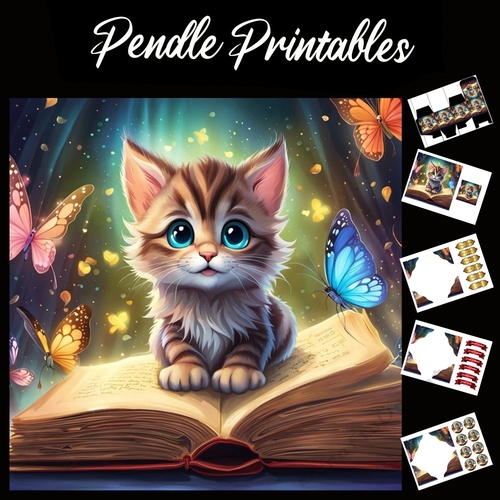 Once Upon A Time Kitten 7x7 Card Kit. Matching Box, Gift Bauble, Tag